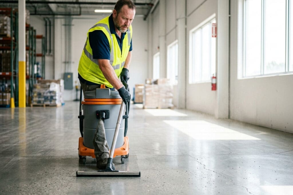 independent janitorial service professional in a large commercial facility with polished floors and natural light streaming